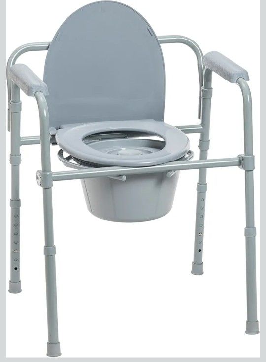 Drive Medical 11148-1 Folding Steel Bedside Commode Chair, Portable Toilet, Supports Individuals Weighing Up To 350 Lbs, with 7.5 Qt. Bucket and 13.5