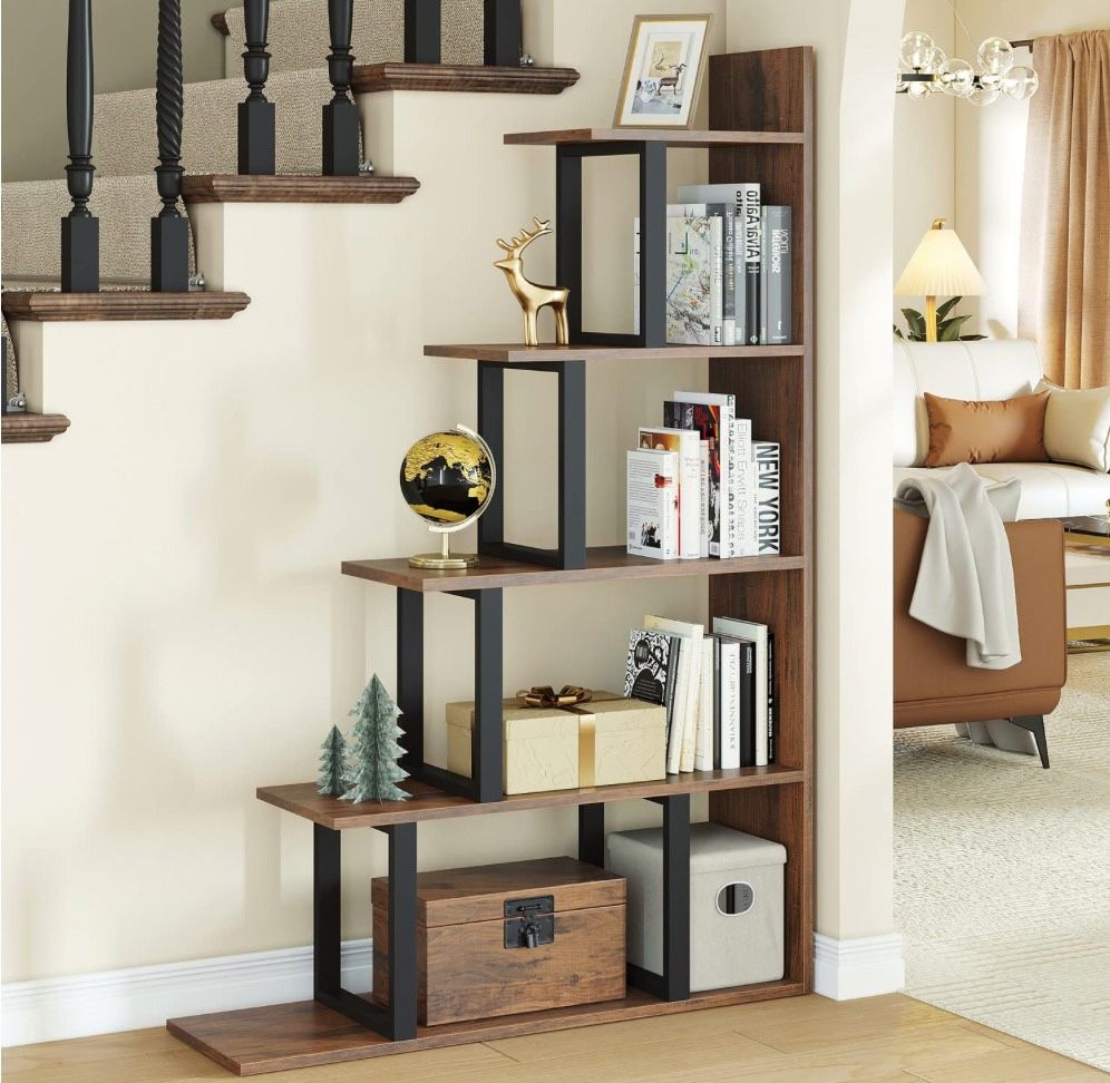 Modern 5-Tier L-Shaped Bookshelf – Rustic Brown