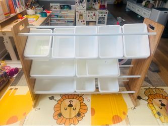 Humble Crew Toy Storage Organizer with 9 Removable Storage Bins for Kids Playroom, 3-Tier with Top Shelf Toddler Toy Organization, Natural Wood/White