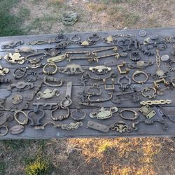 Huge Lot of Vintage Brass Drawer Pulls Knobs Handles Hinges Furniture Hardware
