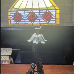 26.5" Vintage Monkey And Palm Tree Table Lamp With Tiffany Style Shade