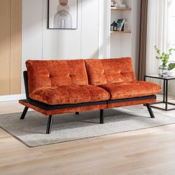 72” Orange Chenille Sleeper Sofa / Futon w/ Adjustable Back [NEW IN BOX]