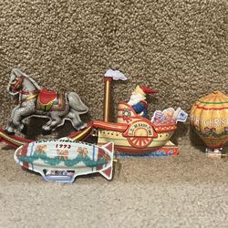 Hallmark Lot of 4 Pressed Tin Christmas ornament Hot air balloon Horse Zeppelin