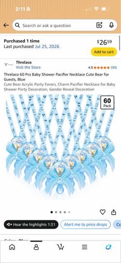 Baby Shower Pacifier Necklace Cute Bear for Guests, Blue