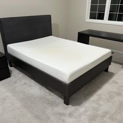Queen Bed Frame with Mattress, Nightstand & Desk – Dark Wood