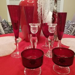 Garnet/Red Crystal Glasses And Candle Holder
