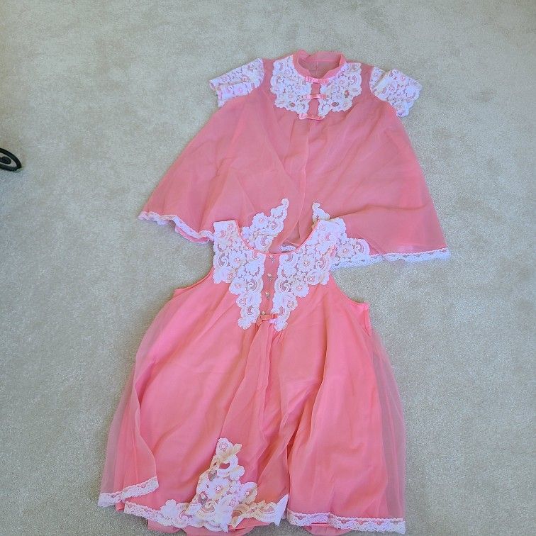 2 pc Gorgeous Vintage Babydoll Shadowline Chiffon Peignoir Nightgown & Lace Robe Medium