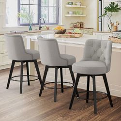 26''H Linen Fabric Upholstered Bar Stools, Gray (Set of 3)