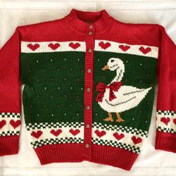 🦆❤️ VTG Robinson’s Women’s Cardigan Sweater Novelty Duck & Hearts Sz LARGE