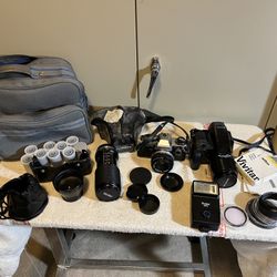 2 vintage Camera Lots Olympus Vivitar Film Lenses Flashes Selling Altogether