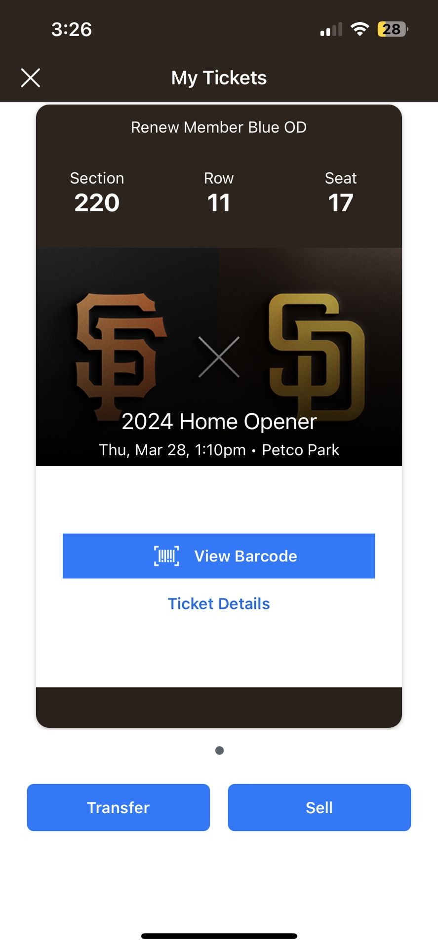 Single Opening Day March 28 Thursday San Diego Padres Vs San Francisco Giants Sf Toyota Terrace Section 220