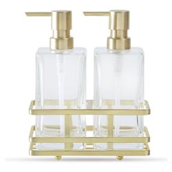 Square Glass Clear Lotion and Soap Pump Dispenser Set Brushed Gold New 