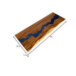 8 ft. L x 25 in. D UV Finished Saman Solid Wood Butcher Block Countertop With Live Edge and Blue Epoxy River 