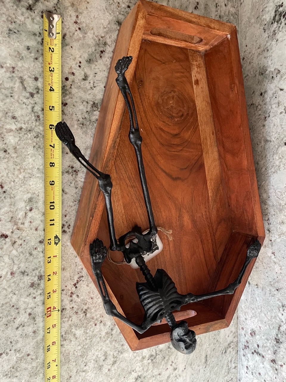 Sceleton Home wooden coffin-shaped serving and charcuterie tray with a lounging black ...