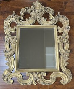Vintage Carved Scrolls Gilded Rococo Style Mirror 44" x 34"