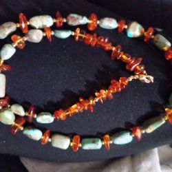 Vintage Necklace Made Of Amber & Turquoise 