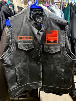 Genuine Leather Motorcycle Biker Vest Men’s XL Black Zip Snap Vest