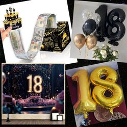 18th Birthday Celebration Decorations | Graduation | Anniversary. Birthday CASH Gift Box, Party Backdrop, Black & Gold  #18 Helium Balloons 🖤✨️💛