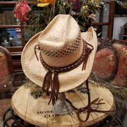 Shady Brady Raffia Straw Cowboy Hat with Braided Chin Strap Sz Medium