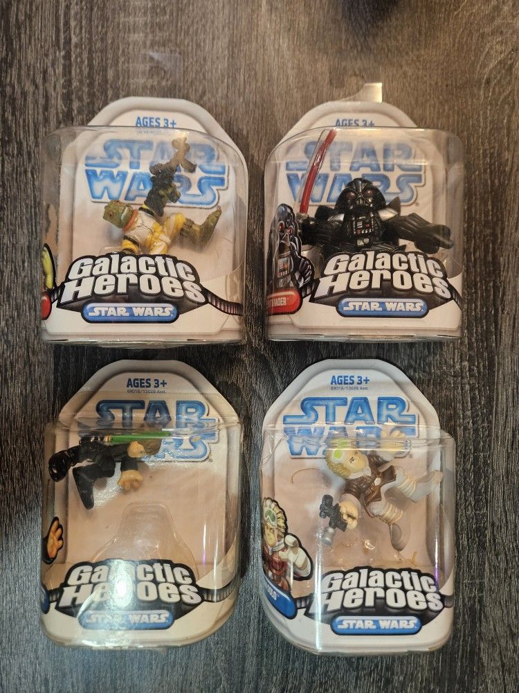 (4) Available - New 2007 Hasbro Star Wars Galactric Heroes Darth Vader Luke Skywalker Bossk Han Solo