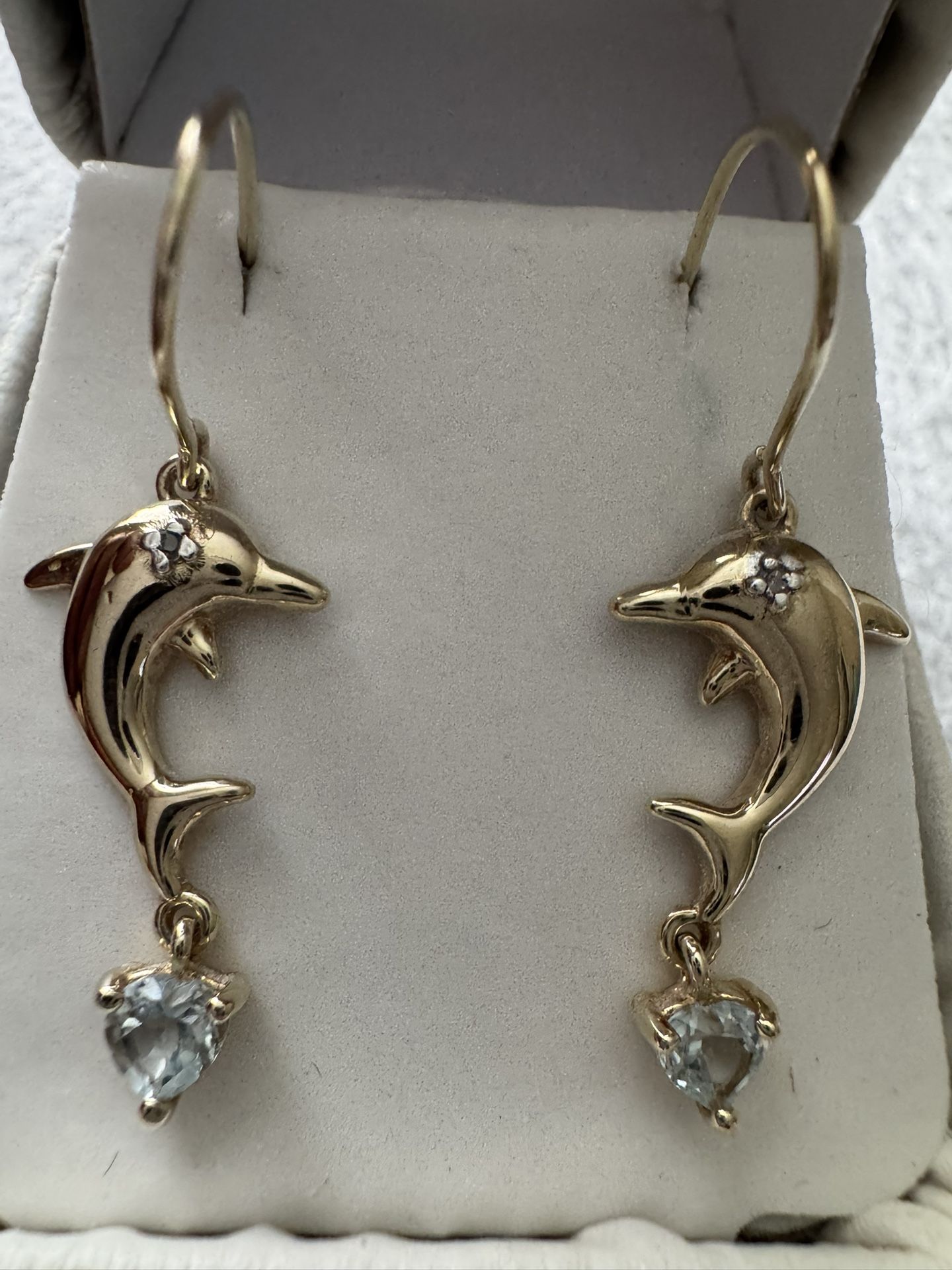 Sterling Silver Blue lopaz Heart & Diamond Accent Dolphin Dangle Earrings