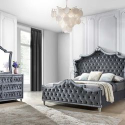 Antonella 4-Piece Eastern King Upholstered Tufted Bedroom Set Grey