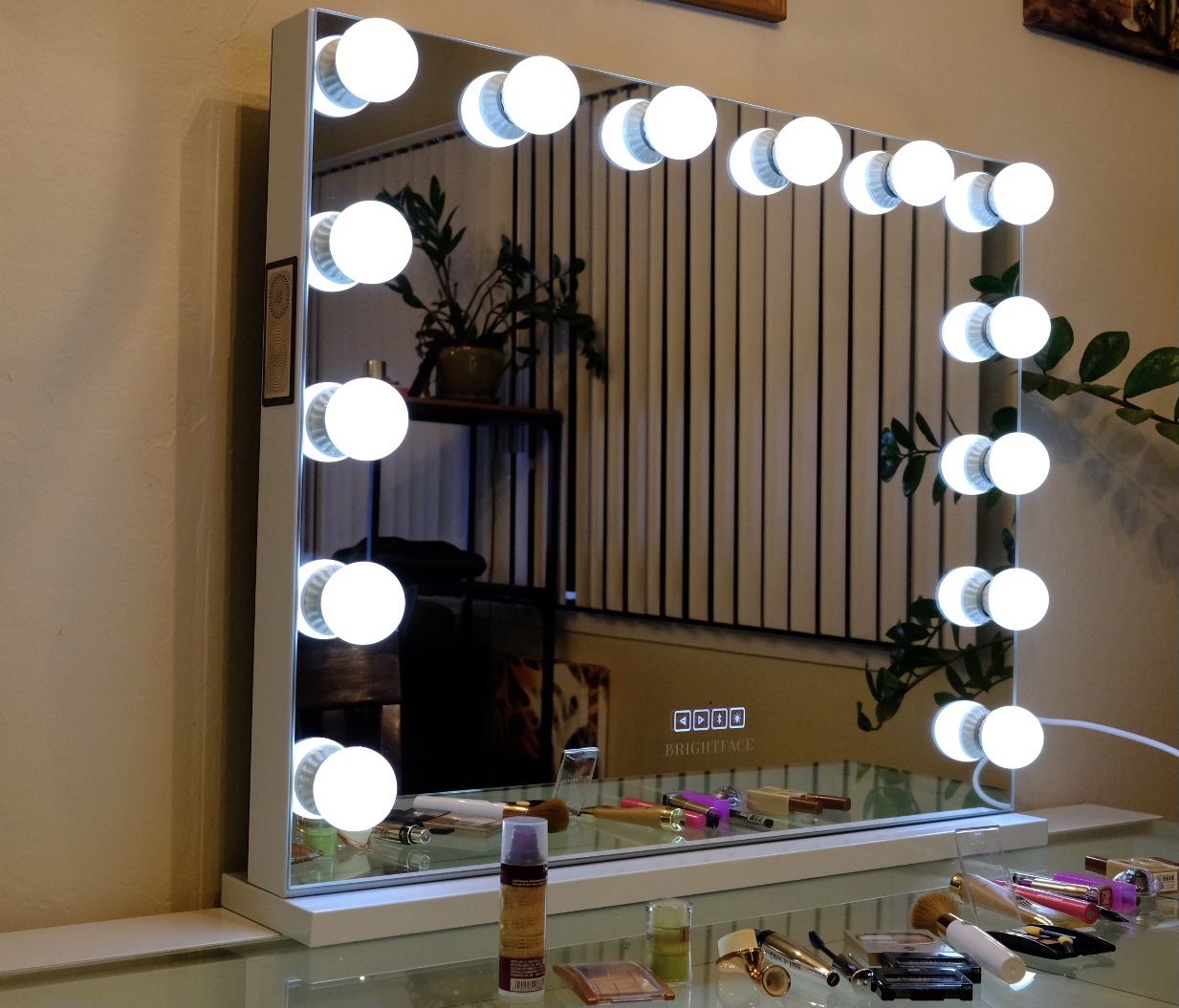 Brightface vanity mirror With Bluetooth Speaker,Touchscreen control,USB Port And Replaceable Bulbs,Frameless Color White Size 32” By 27”