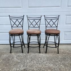 Set of 3 _ Swivel Countertop Height Bar Stools  Black Metal Frames Brown Chairs Kitchen Furniture