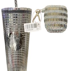 Starbucks Silver Disco Ball Mirror Grid 24 oz Venti Tumbler and Pocketbac Holder