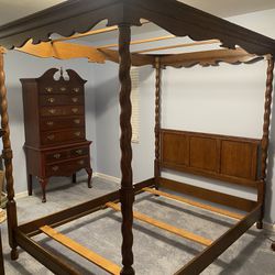 Vintage Drexel English Tudor 4 Poster Canopy Bed, Wardrobe, Dresser w/Mirrors, Night Stand