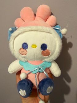 🐰 Pastel Bunny Plush with Blue Boots & Bow — Kawaii Spring Stuffed Toy