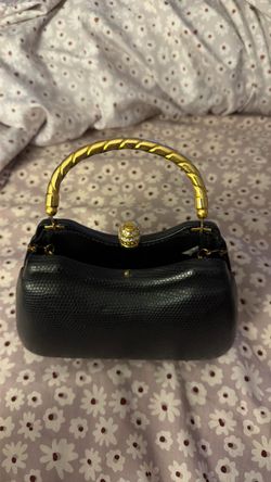 Black Textured Handbag with Gold Handle
