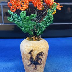 Beautiful handmade beaded flowers in lovely Belgium made hand pottery vase