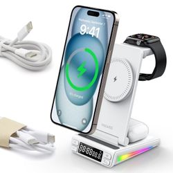 5 in 1 Magnetic Wireless Charging Station with LED Clock Temperature & Night Light, Foldable Charger Stand for Apple & Samsung Phone Watch Earbuds
