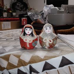 Vintage Rare 2 Set Of Japanese Daruma Dolls Male & Female