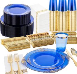 Nervure 350-Piece Plastic Plates, Blue/Gold, For 50 Guests