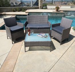 Gray Wicker Patio Chair Sofa Table Set With Cushions