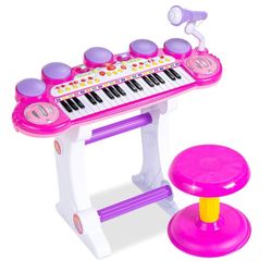 Products 37-Key Kids Electronic Musical Instrument Piano Learning Toy Keyboard w/Multiple Sounds, Lights, Microphone, Stool - Pink