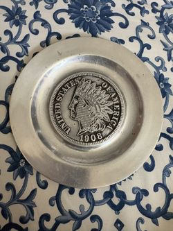 VINTAGE RARE Indian Head Coin Pew-Ta-Rex Pewter Tray Plate 5-3/4"