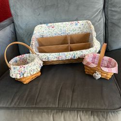 Longaberger Baskets, Stationary Holder With Wood Divider And 2 Smaller Baskets With Liners And Handles