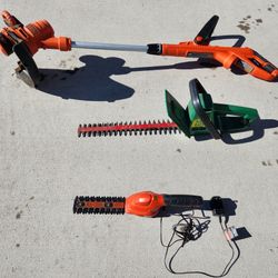 trimmer - 3 pcs
string trimmer - electric
hedge trimmer - electric
shrub trimmer - cordless, battery
work good
all fo $20