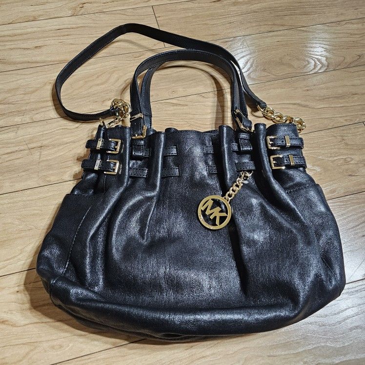 Michael Kors Edie Leather Purse Tote Handbag Black Gold Y2K Style MK Shoulder Bag