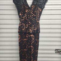 Jessica McClintock Slim Fit Dress Black Lace Back Zip Floral Design Maxi