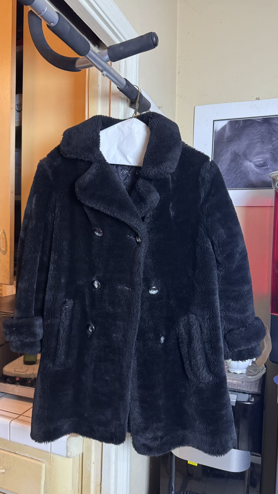 Faux Fur Double-Breasted Peacoat with Lapel Collar 1970s