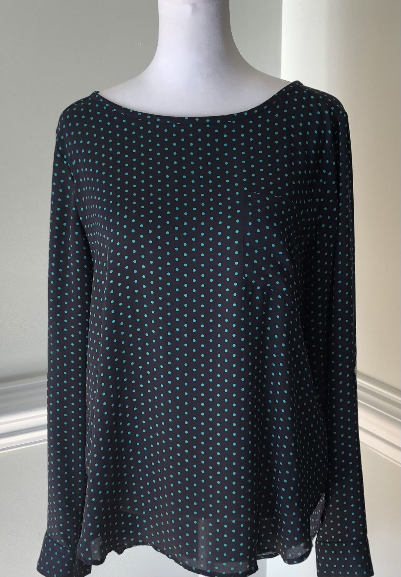 Women’s Long Sleeve Scoop Neck Blouse in Navy + Green Polka Dots from Ann Taylor Lift 
