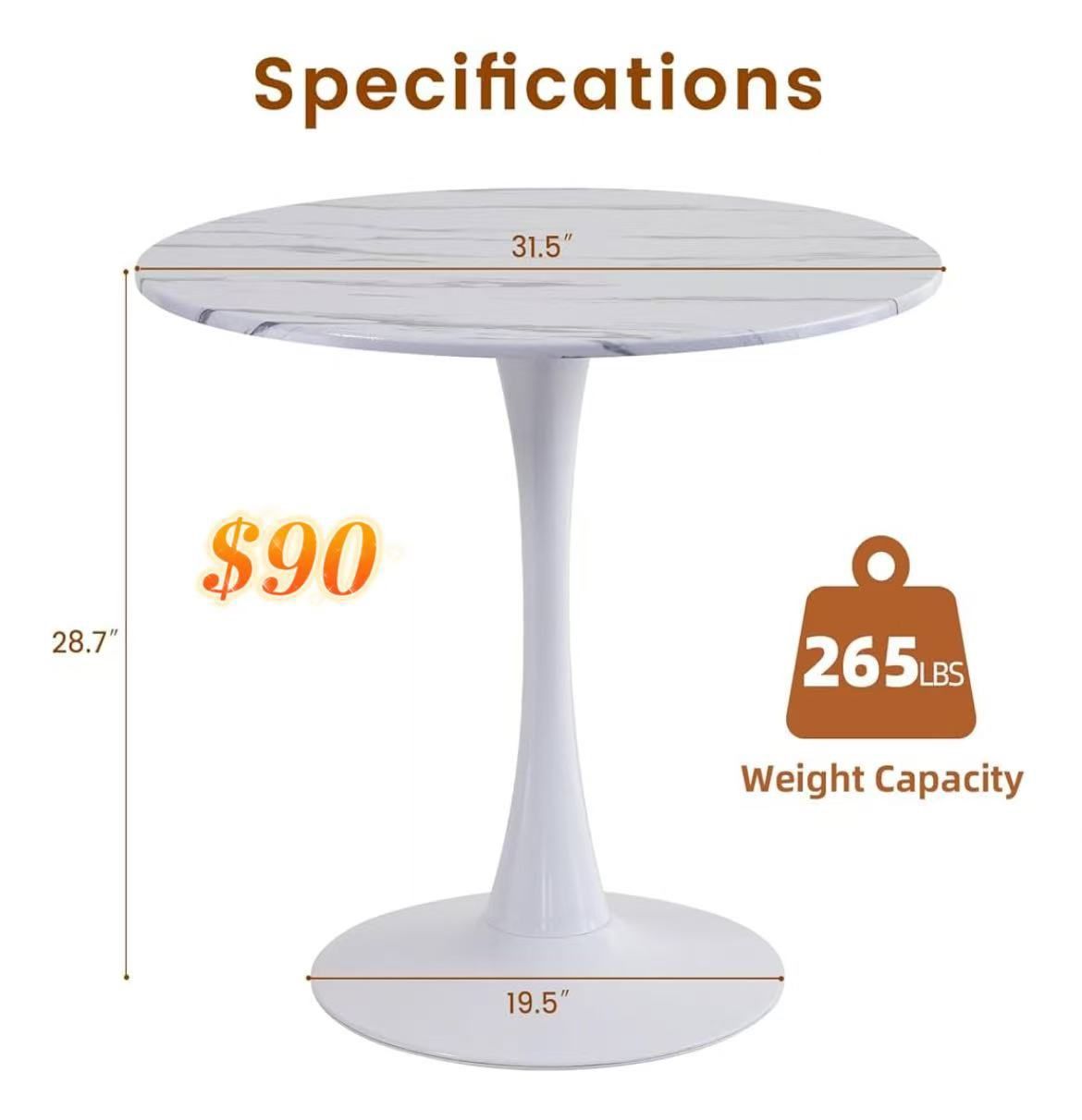 😀 31.4" Diameter Round Dining Table, Marble Patterned Tulip Dining Table, 2-3 Person Metal Base Dining Table,