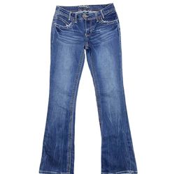 Amethyst Jeans Womens 3 Short Bootcut Flare Thick Stitch Flap Pocket Blue Denim