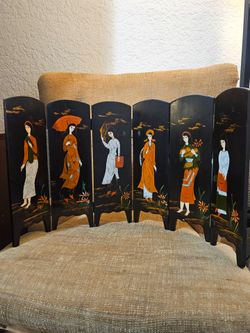 Vintage Asian black lacquer miniature table top folding screen