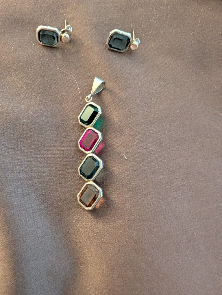 Dije Y Aretes En Plata Y Cristales