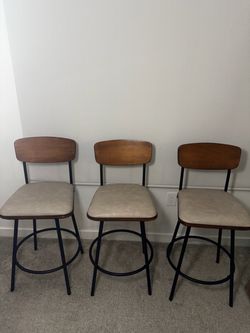 Set of 3 - Swivel Counter Height Bar Stools, Cream Fabric Upholstered Barstools , 27 Inch Seat Height, Metal & Wood Frame
